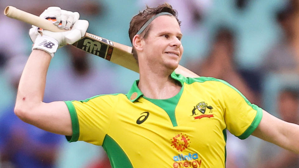 Pictured here, Steve Smith celebrates scoring another century against India.