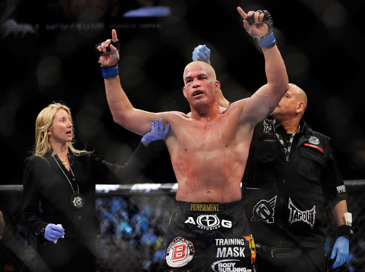 Tito Ortiz reacts after his fight with Forrest Griffin at their UFC 148 fight on July 7, 2012. (AP)