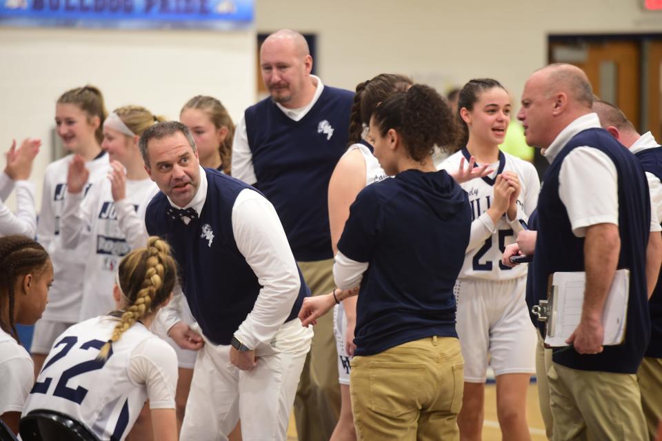 West York girls' basketball head coach Jim Kunkle talks to his team during a timeout during a game against Gettysburg last season. After five seasons at West York, Kunkle resigned to take a job at York College.