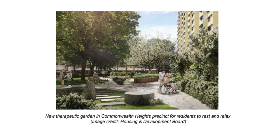 Artist rendition of new therapeutic garden in Commonwealth Heights precinct for residents to rest and relax.