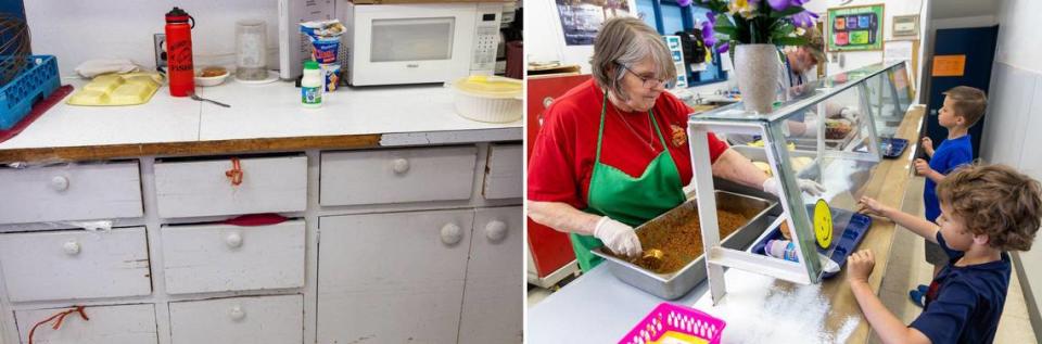 First image: In the elementary school kitchen, drawers and cabinets have pieces of string in place of handles. Second image: Students use a narrow hallway to receive lunch from head cook Becky Harbaugh.