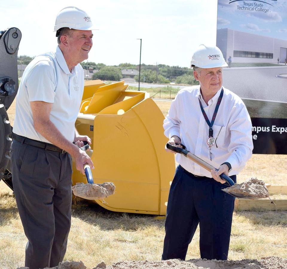 Texas State Rep. Stan Lambert (R-Abilene), left, and Texas State Technical College chancellor and CEO Mike Reeser joined college officials and the TSTC Board of Regents on Aug. 9, 2023, in a groundbreaking ceremony for TSTC’s new Industrial Technology Center in Abilene.