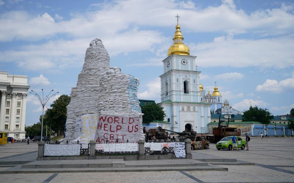 Statues protected by sandbags in the Main Square of Kyiv on Wednesday July 6, 2022, as Taoiseach Micheal Martin visits Ukraine to reiterate Irish solidarity with the war-torn country in the face of the Russian invasion - Niall Carson/PA