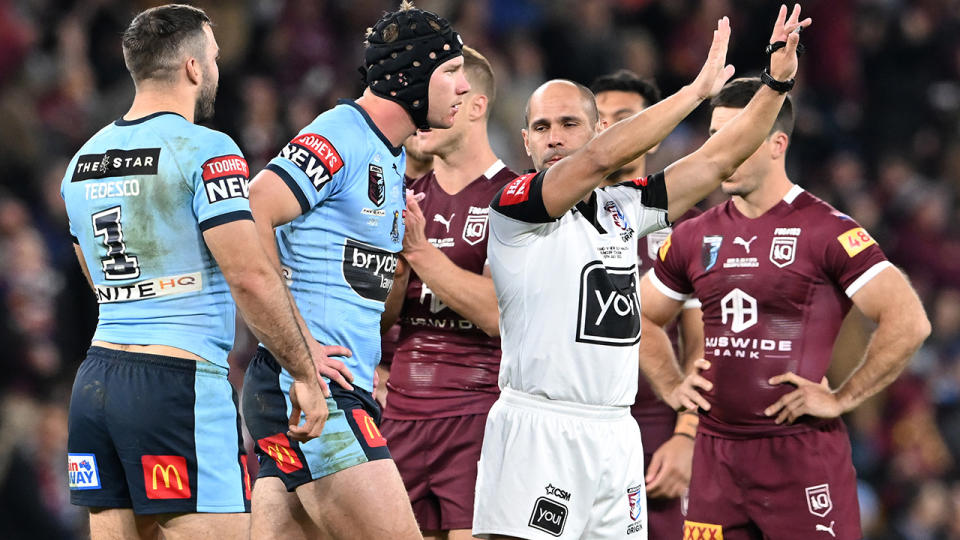 Matt Burton is sent off during the State of Origin decider by referee Ashely Klein.