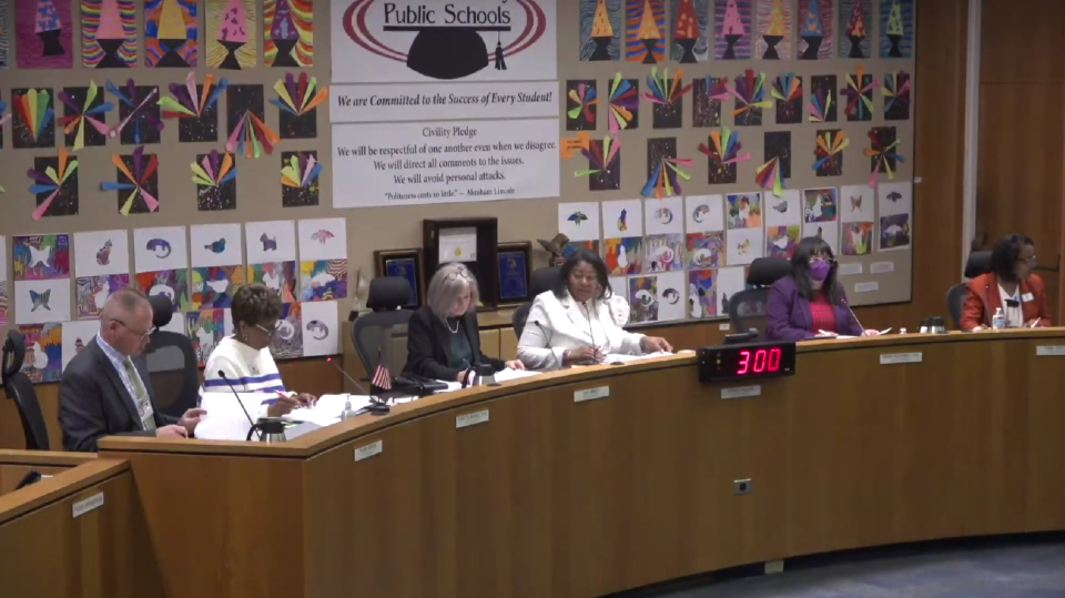 A screengrab of the Alachua County School Board during a board meeting on Feb. 6, 2024.