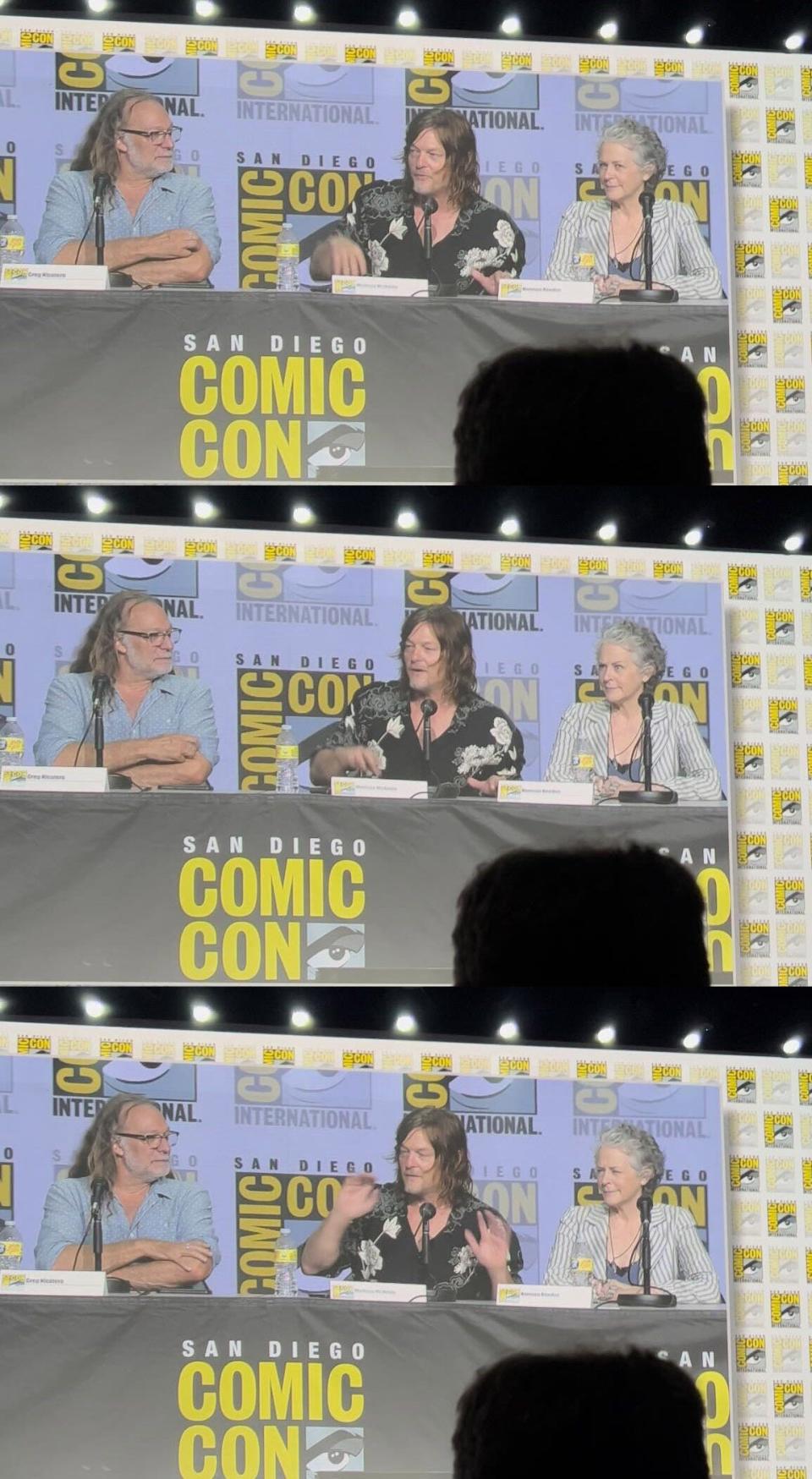 Melissa McBride's reactions when Norman Reedus said "the Carol/Daryl story isn't over yet" during the "TWD" panel at SDCC.