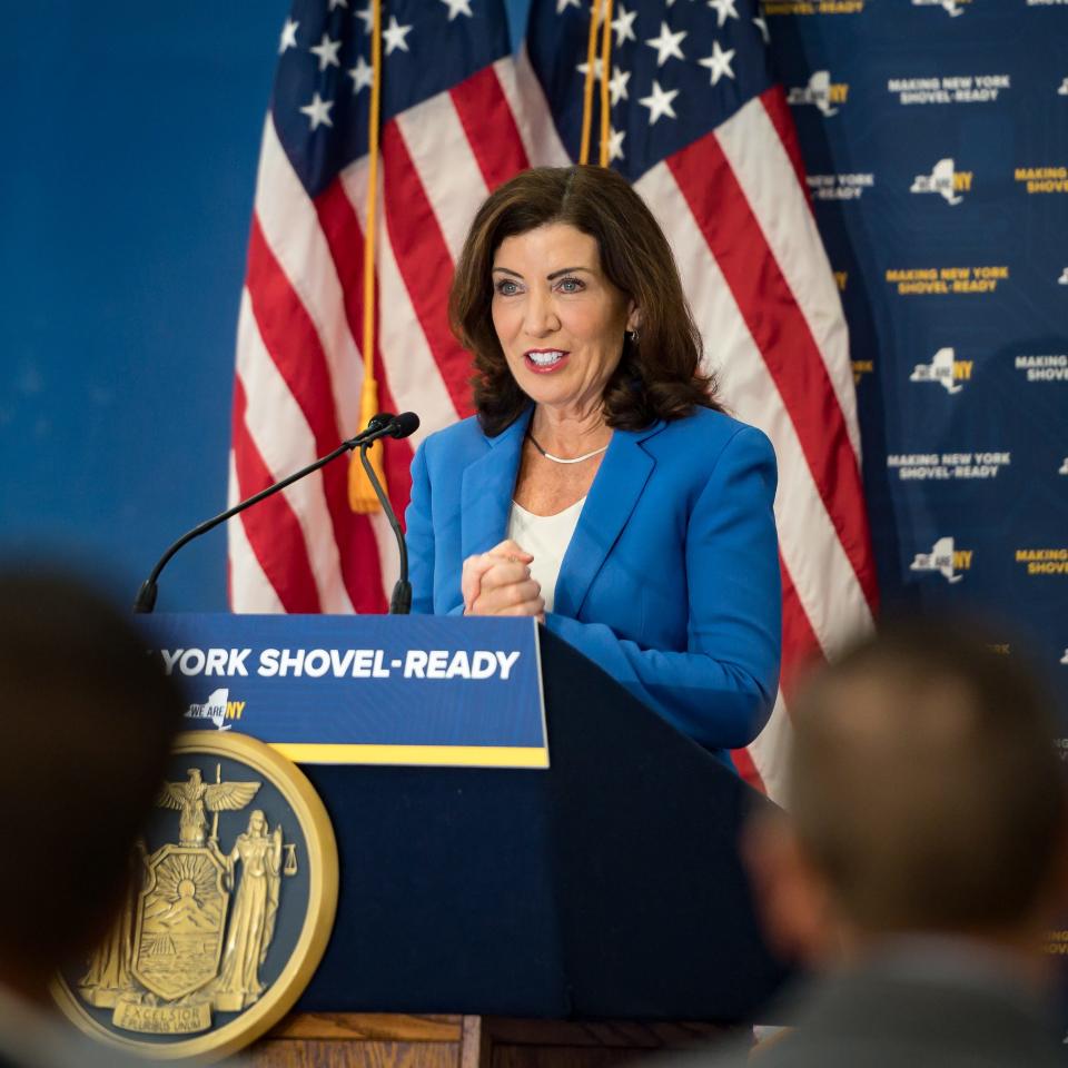 New York Governor Kathy Hochul speaks in Utica on Tuesday, August 15, 2023.