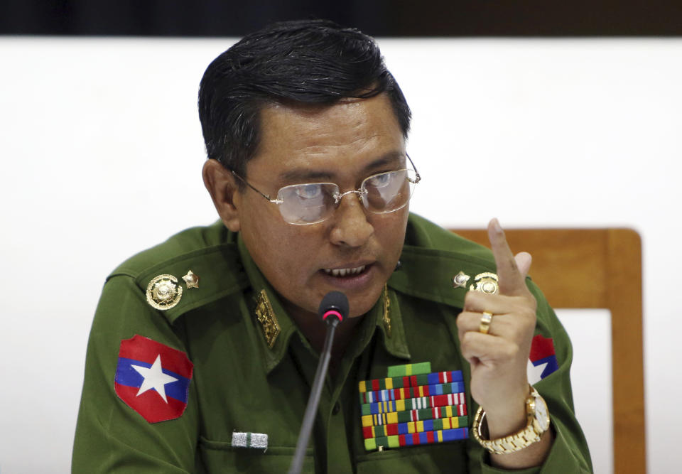 Maj. Gen. Soe Naing Oo, chairman of the Myanmar's military information committee, talks to journalists during a press conference at the Military Museum in Naypyitaw, Myanmar, Friday, Jan. 18, 2019. (AP Photo/Aung Shine Oo)