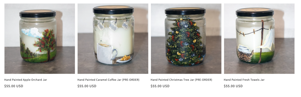 These are some of the hand-painted jars offered by Candle Canvas Studio.