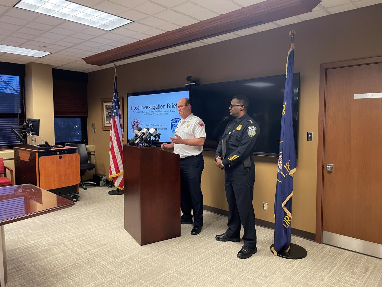 Fire Chief Aaron Lipski and Police Chief Jeffrey Norman hold a news conference on Jan. 25, 2023, at the Milwaukee Fire Department Headquarters.