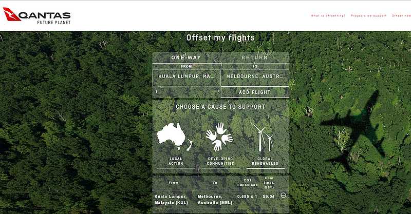 The cost to offset a one-way flight from Kuala Lumpur to Melbourne on Qantas is calculated at A$9.04 (RM26.14). — Screengrab from Qantas