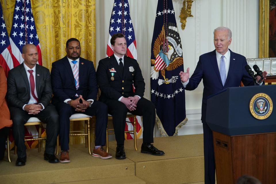 President Joe Biden speaks on the second anniversary of the Jan. 6, 2021 attack on the U.S. Capitol, during a ceremony in the East Room of the White House on Jan. 6, 2023.