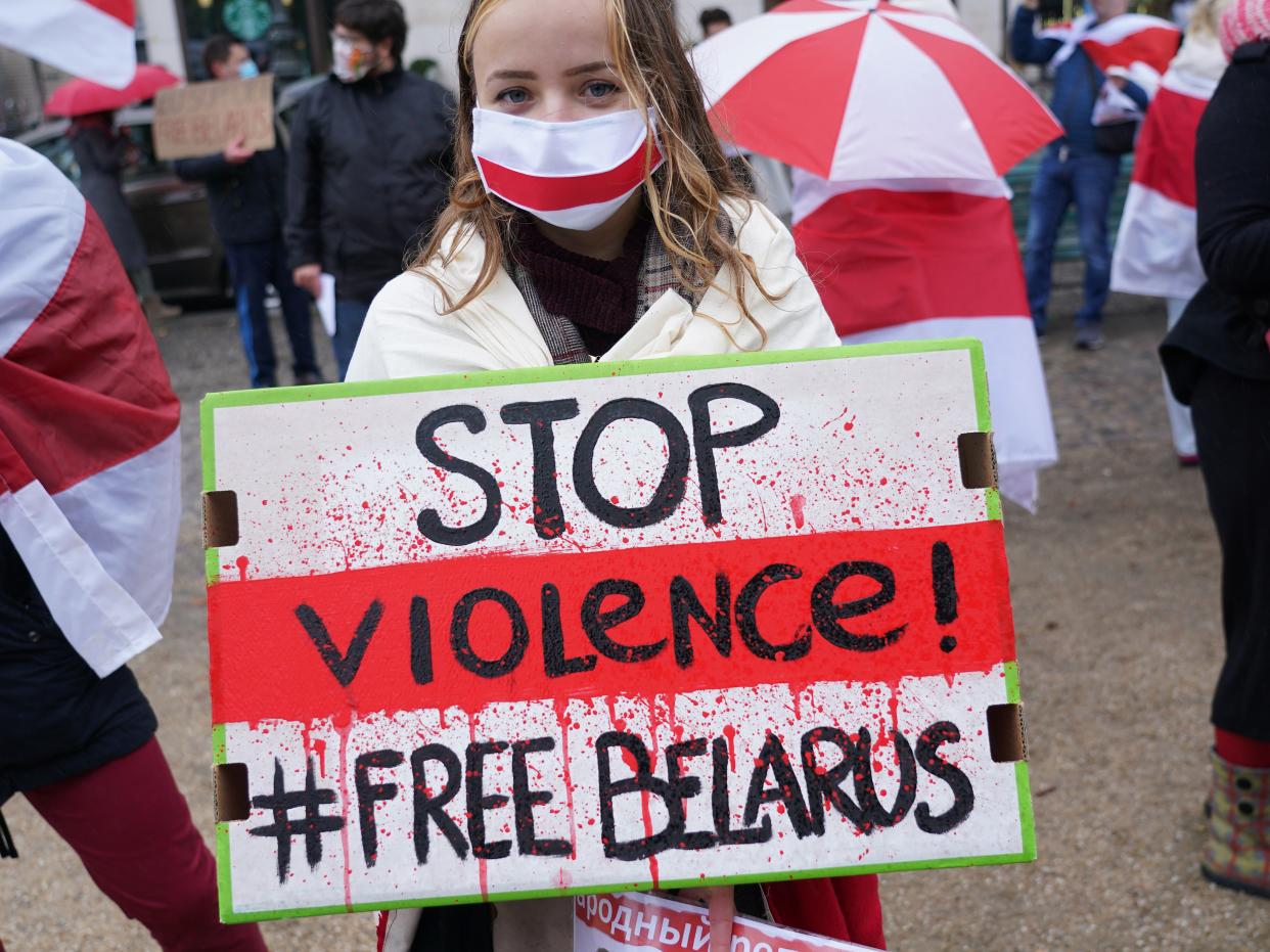 Expatriate Belarusian demonstrators demanding pro-democracy reforms in Belarus in Berlin, Germany (Getty Images)