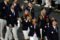 LONDON, ENGLAND - JULY 27: Athletes from the United States parade into the stadium during the Opening Ceremony of the London 2012 Olympic Games at the Olympic Stadium on July 27, 2012 in London, England. (Photo by Laurence Griffiths/Getty Images)