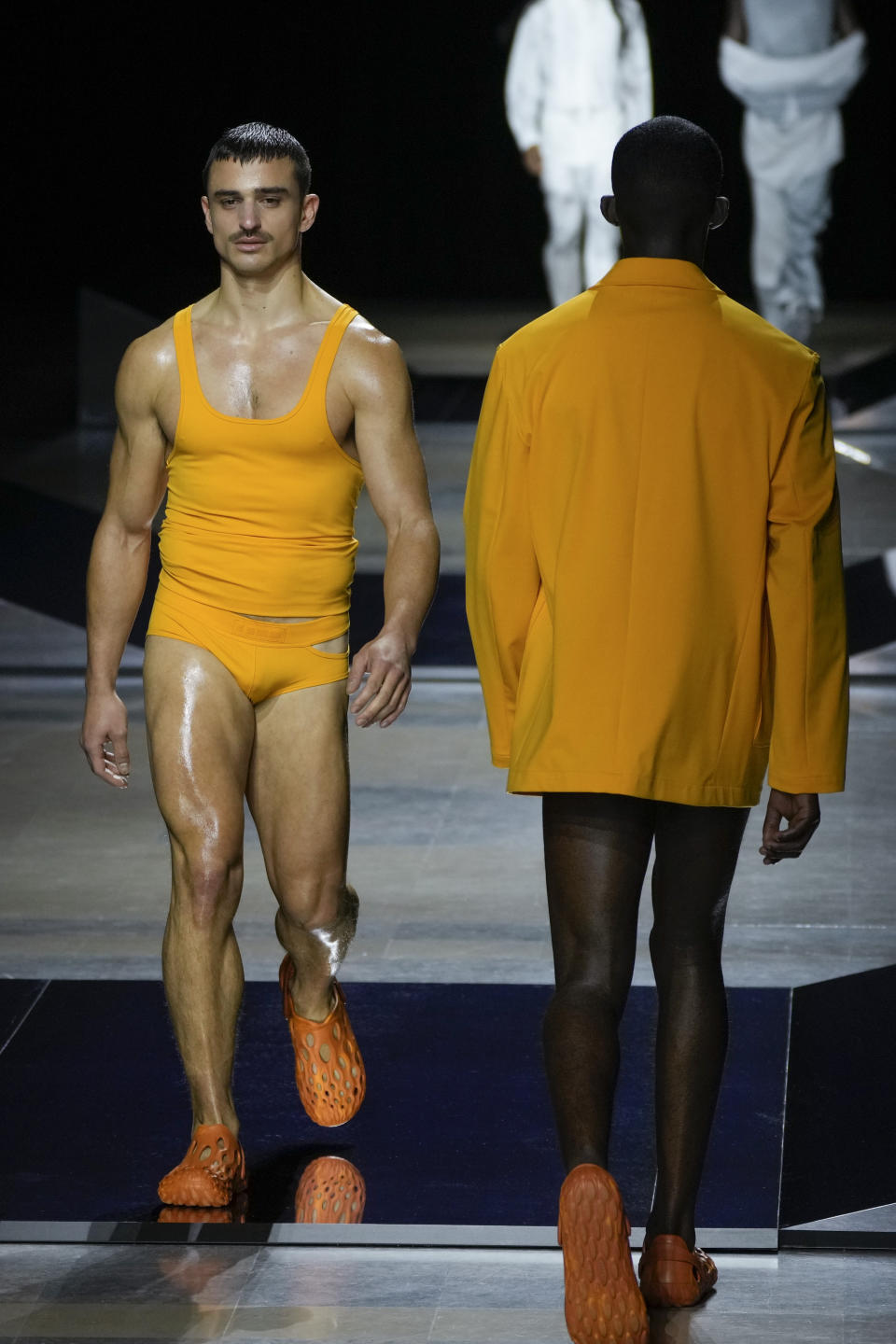 A model wears a creation for the Louis-Gabriel Nouchi fall-winter 22/23 men's collection, in Paris, Saturday, Jan. 22, 2022. (AP Photo/Francois Mori)