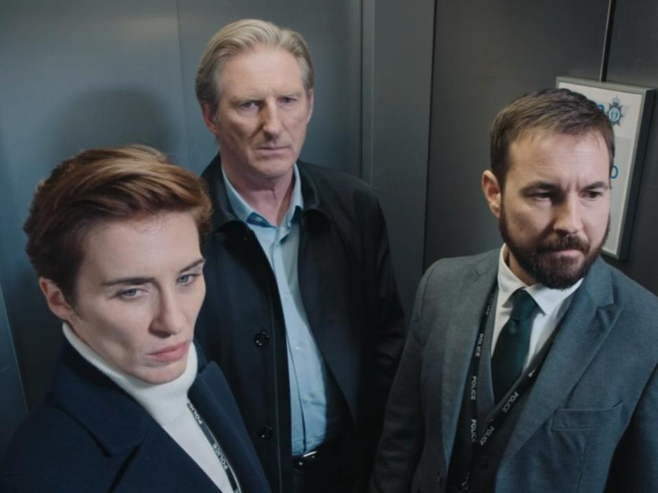 Now we’re sucking diesel: Adrian Dunbar, Martin Compston and Vicky McClure in the Line of Duty finale (BBC)