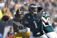 Philadelphia Eagles quarterback Jalen Hurts (1) passes during the first half of an NFL football game between the Pittsburgh Steelers and Philadelphia Eagles, Sunday, Oct. 30, 2022, in Philadelphia. (AP Photo/Matt Slocum)