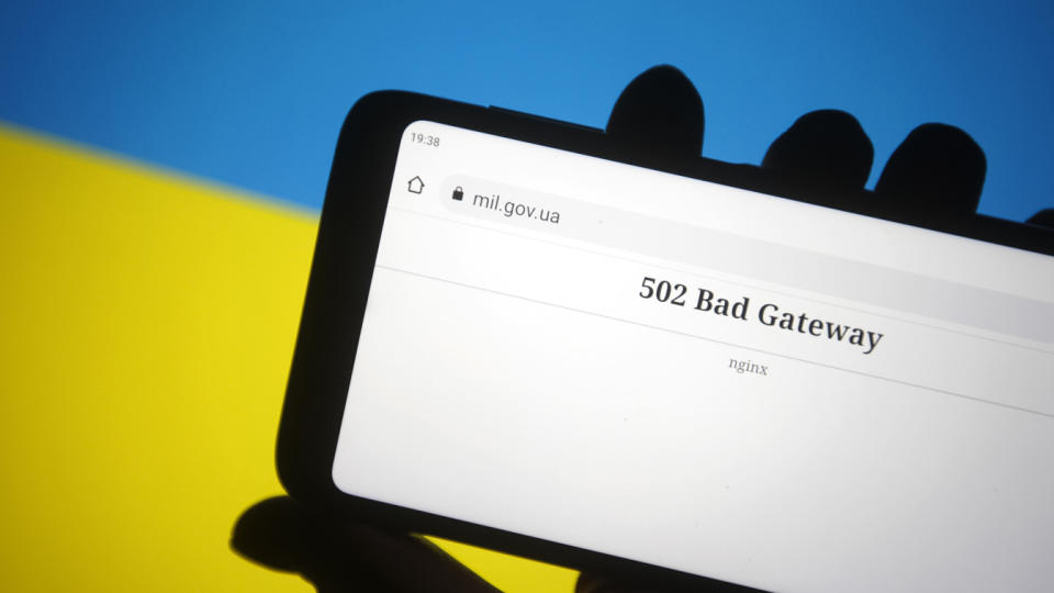 A photo illustration shows the 502 Bad Gateway message displayed on the official webpage of Ukraine's Ministry of Defense.