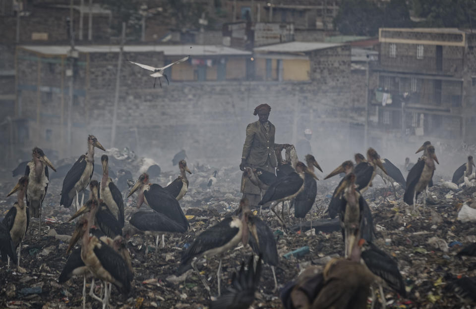 In this photo taken Wednesday, Dec. 5, 2018, a woman who scavenges recyclable materials from garbage for a living is seen through a cloud of smoke from burning trash, surrounded by Marabou storks who feed on the garbage, at the dump in the Dandora slum of Nairobi, Kenya. As the world meets again to tackle the growing threat of climate change, how the continent tackles the growing solid waste produced by its more than 1.2 billion residents, many of them eager consumers in growing economies, is a major question in the fight against climate change. (AP Photo/Ben Curtis)ea