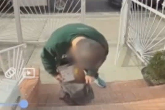 A porch pirate seen stealing a decoy package set up a Queens homeowner.