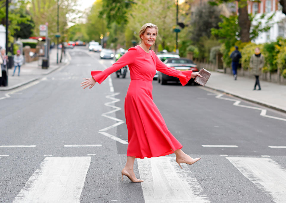 LONDON, UNITED KINGDOM - APRIL 24: (EMBARGOED FOR PUBLICATION IN UK NEWSPAPERS UNTIL 24 HOURS AFTER CREATE DATE AND TIME) Sophie, Duchess of Edinburgh (Global Ambassador for the International Agency for the Prevention of Blindness) walks across the iconic Abbey Road zebra crossing (made famous by The Beatles album cover) after attending the Orbis Visionaries Reception at Abbey Road Studios on April 24, 2024 in London, England. Orbis is an international eye care charity working across the world to end avoidable blindness. (Photo by Max Mumby/Indigo/Getty Images)