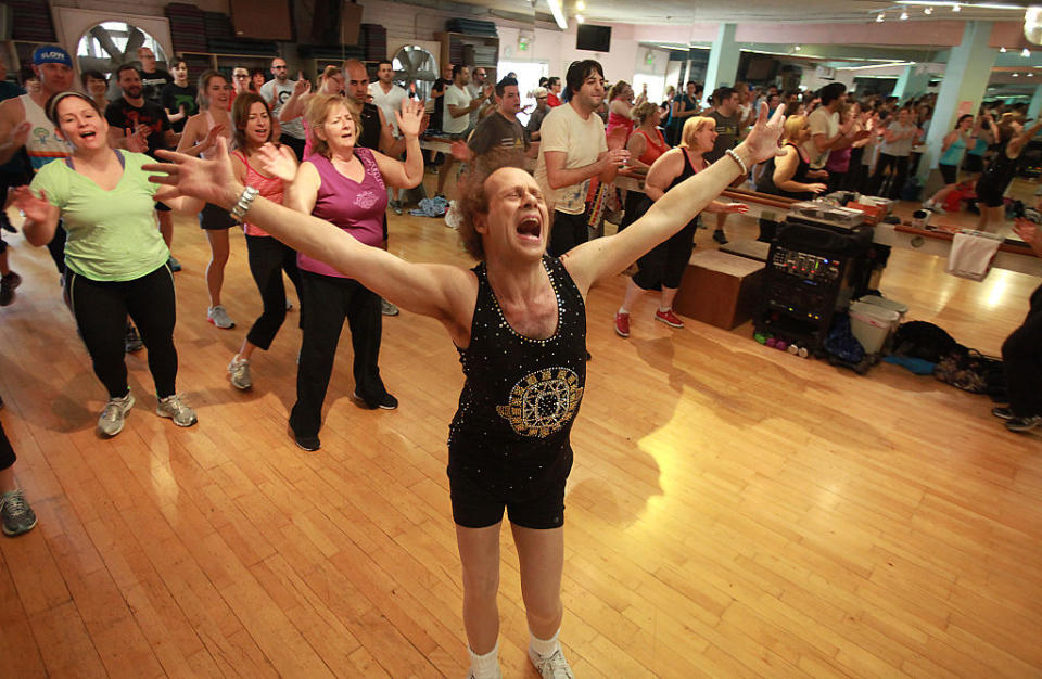 Fitness guru Richard Simmons sings alone with one the the 60s classic tunes playing during one of his classes at Slimmons Studio March 9, 2013, in Beverly Hills.<span class="copyright">Brian van der Brug/Los Angeles Times—Getty Images</span>