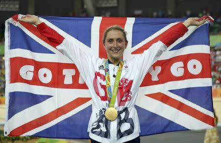 2016 Rio Olympics - Cycling Track - Victory Ceremony - Women's Omnium Victory Ceremony - Rio Olympic Velodrome - Rio de Janeiro, Brazil - 16/08/2016. Gold medalist Laura Trott (GBR) of Britain. REUTERS/Matthew Childs