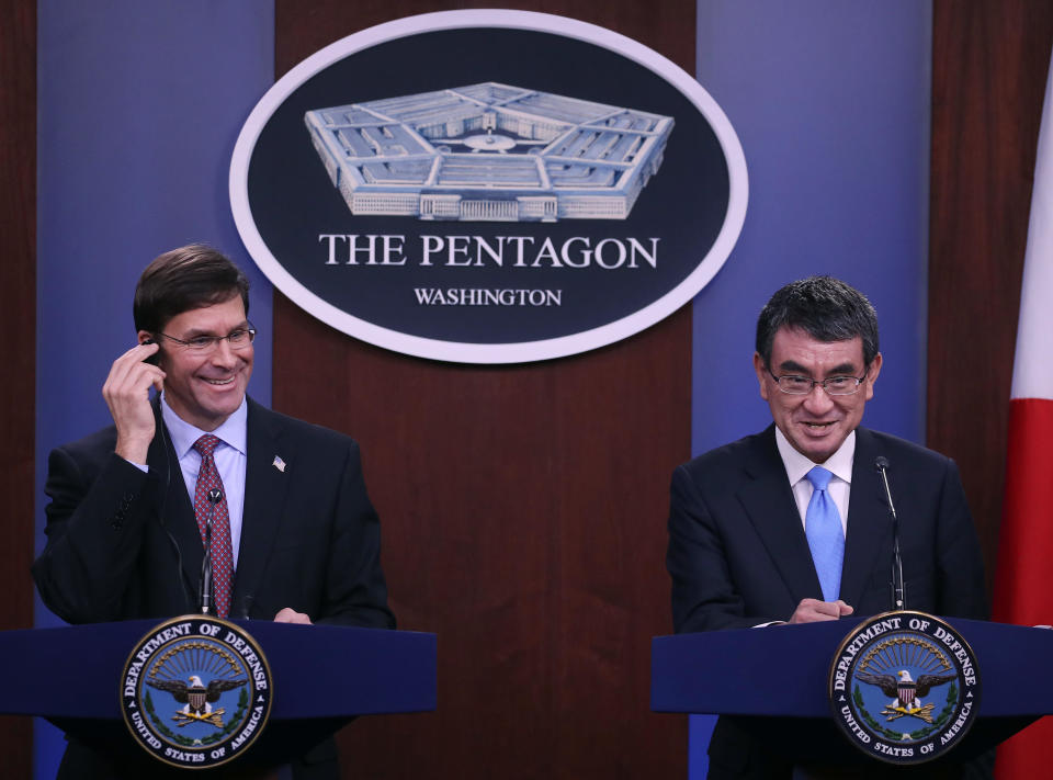 U.S. Secretary of Defense Mark Esper (L) and Japanese Defense Minister Taro Kono speak to the media at the Pentagon, on January 14, 2020 in Arlington, Virginia. / Credit: Mark Wilson/Getty