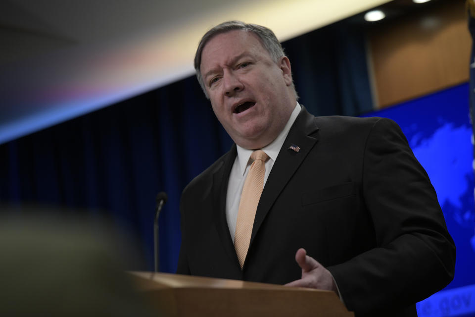 Secretary of State Mike Pompeo speaks during a news conference on Monday, April 22, 2019, at the Department of State in Washington. The Trump administration on Monday told five nations — Japan, South Korea, Turkey, China and India — that they will no longer be exempt from U.S. sanctions if they continue to import oil from Iran. (AP Photo/Sait Serkan Gurbuz)