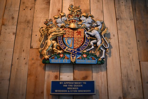 A coat of arms for the appointment of the brewery is seen at the tap bar at Windsor & Eton Brewery (Photo: DANIEL LEAL via Getty Images)