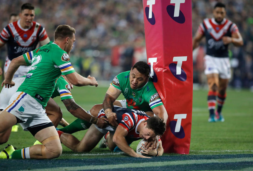 Sam Verrills of the Roosters scores a try during the 2019 NRL Grand Final match between the Canberra Raiders and the Sydney Roosters at ANZ Stadium on October 06, 2019 in Sydney, Australia. (Photo by Ryan Pierse/Getty Images)