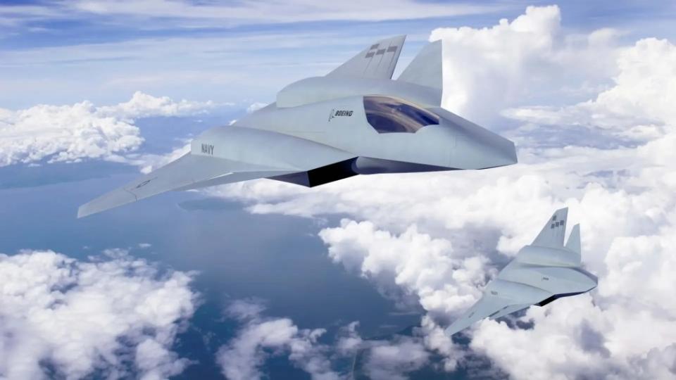 A rendering of a notional sixth-generation crewed stealth combat aircraft for the U.S. Navy flying alongside an advanced drone. <em>Boeing</em><br>