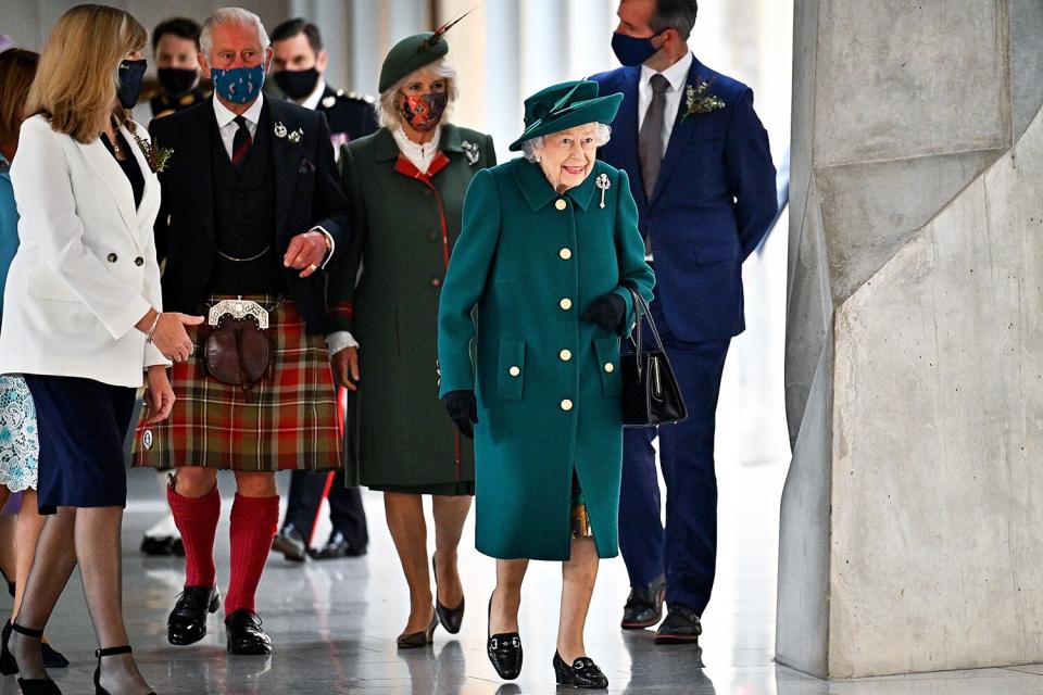 Queen Elizabeth II, Camilla, Duchess of Cornwall and Prince Charles, Prince of Wales, known as the Duke and Duchess of Rothesay when in Scotland arrive with, Presiding Officer Alison Johnstone for the opening of the sixth session of the Scottish Parliament on October 02, 2021 in Edinburgh, Scotland.