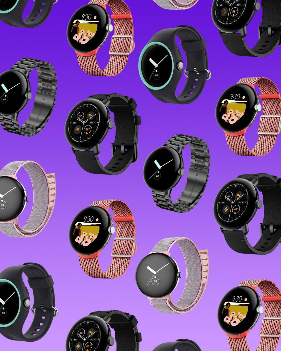 A collage of different Google Pixel Watch bands attached to smartwatches on a purple gradient background.