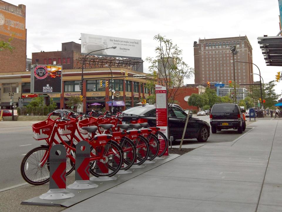 Rack of rental bikes.