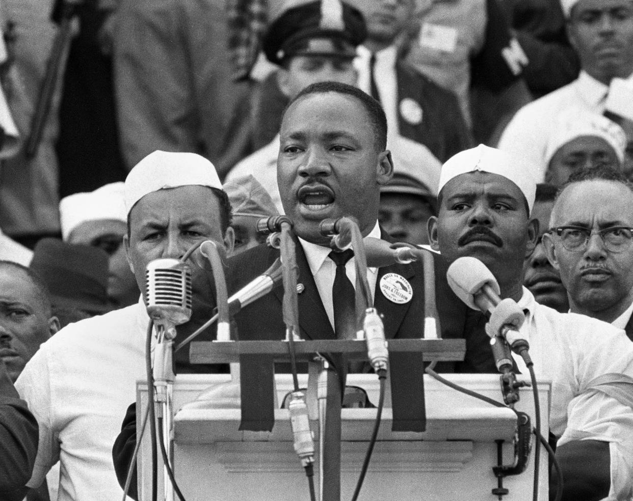 In this Aug. 28, 1963 photo, Dr. Martin Luther King Jr., head of the Southern Christian Leadership Conference, addresses marchers during his "I Have a Dream" speech at the Lincoln Memorial in Washington.