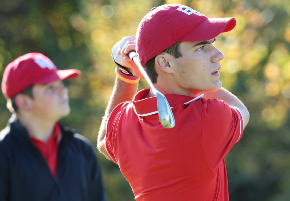 Bridgewater-Raynham's Jack Kless drives from the tee box during a match against New Bedford at Scotland Links on Tuesday, Oct. 8, 2024.