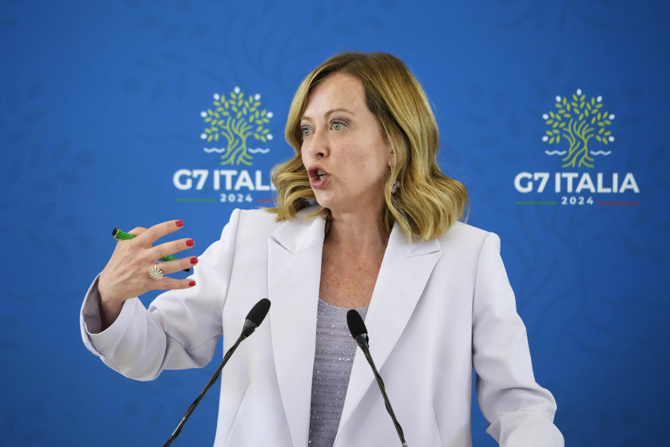 Italian Prime Minister Giorgia Meloni speaks during a final media conference at the G7 in Borgo Egnazia, near Bari in southern Italy, Saturday, June 15, 2024. (AP Photo/Andrew Medichini)