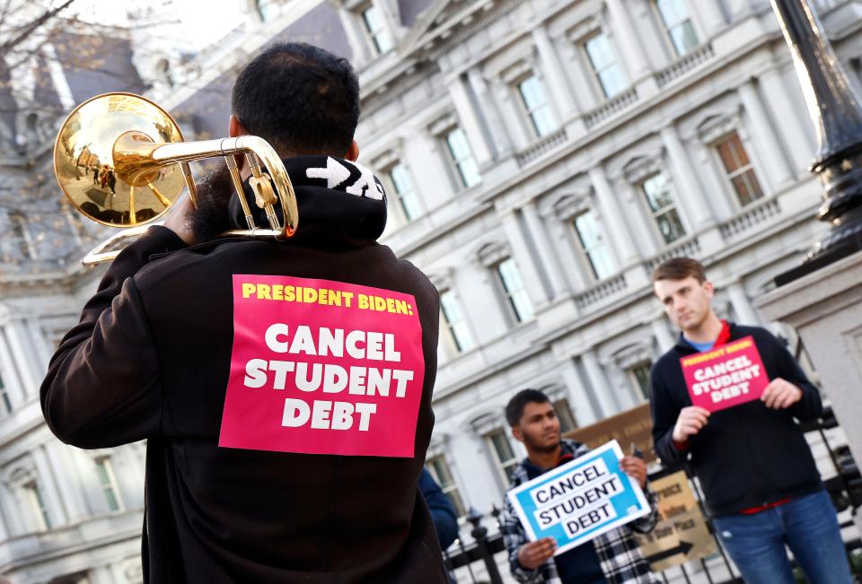 WASHINGTON, DC - MARCH 15: The Too Much Talent Band and local activists have a joyful protest of music and dancing outside of The White House to "Cancel Student Debt" on March 15, 2022 in Washington, DC. (Photo by Paul Morigi/Getty Images for We The 45 Million)