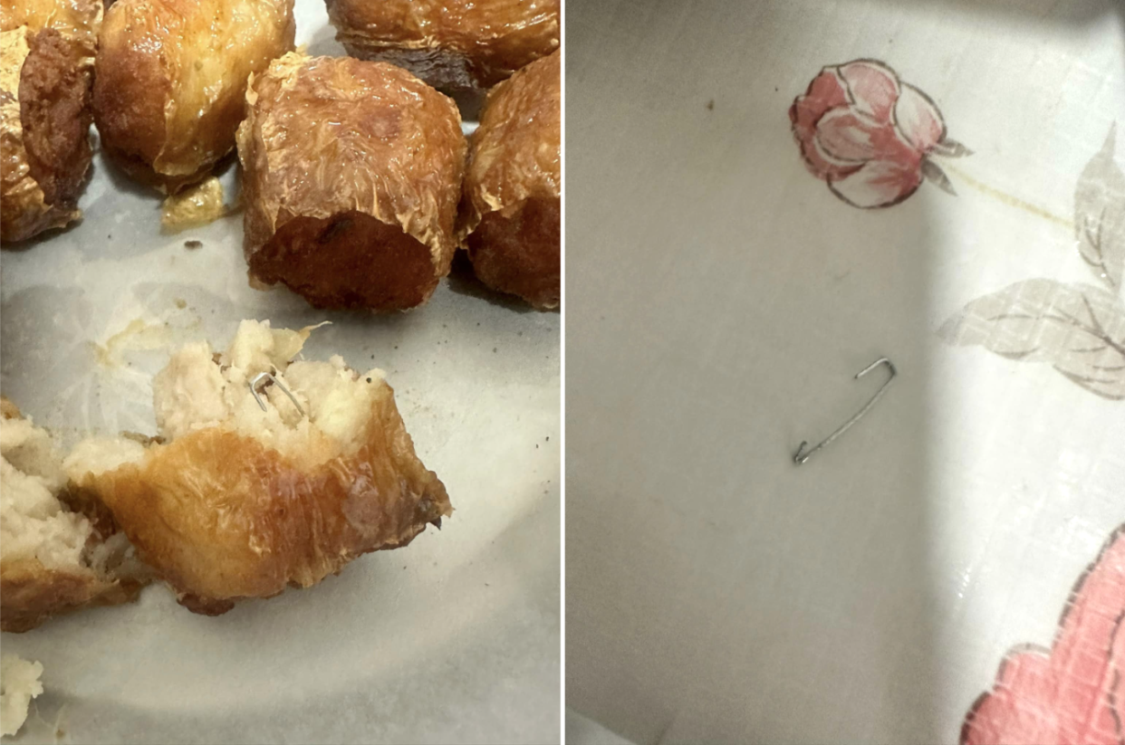 Safety pin found in prawn rolls (left) and removed safety pin (Photos: Eileen Lpy/Facebook)