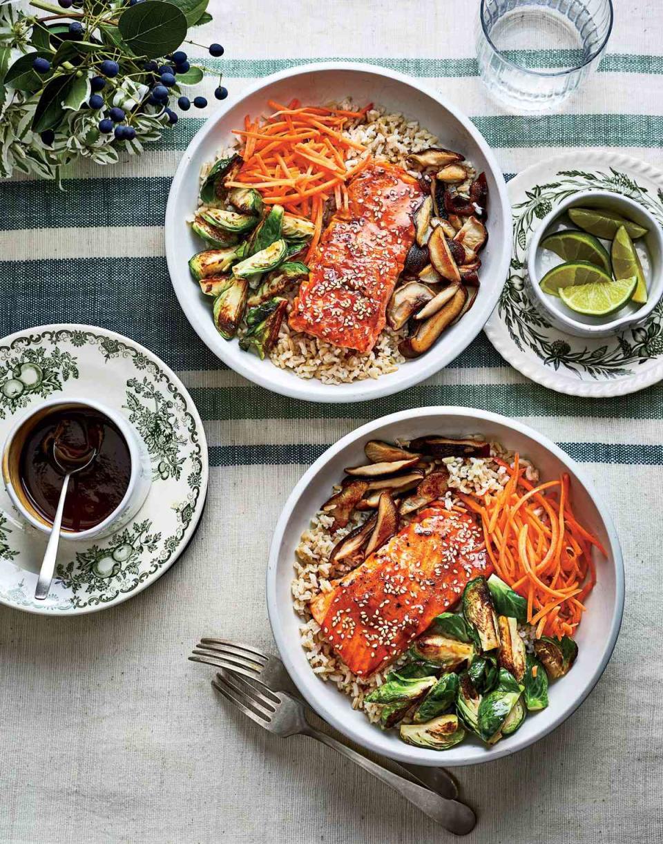 Teriyaki Salmon Bowls with Crispy Brussels Sprouts