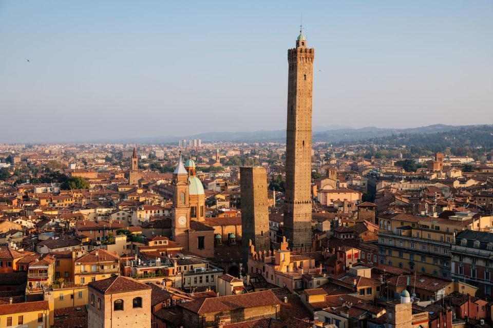 bologna, cityscape from above, view of garisenda and asinelli tower