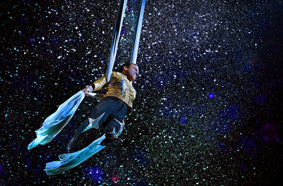 <p>Aerialist Paulo dos Santos seems to be flying in space during his act. -After a 146 year run, the Ringling Bros. and Barnum & Bailey Circus will end with an evening performance at the Nassau Veterans Memorial Coliseum on Sunday, May 21st. (Michael S. Williamson/The Washington Post via Getty Images) </p>