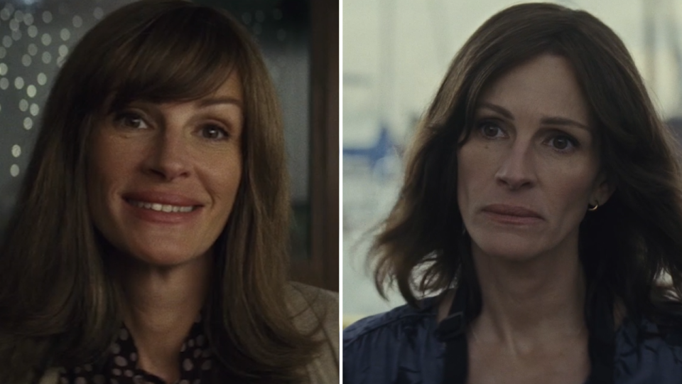 Heidi Bergman (Julia Roberts) sports two different looks across two different time periods in <em>Homecoming</em>. On the left, Bergman in 2018. On the right, following a mysterious four years, Bergman in 2022. (Photo: Amazon Prime Video).