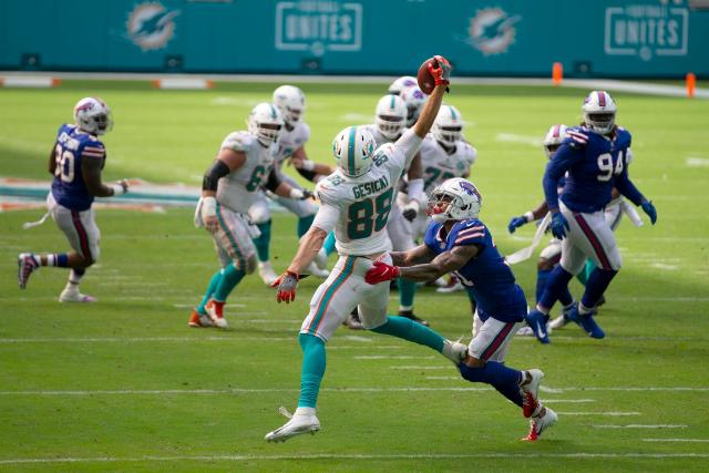 Miami Gardens, Florida, USA. 13th Oct, 2019. Miami Dolphins wide receiver  DeVante Parker (11) celebrates after scoring a touchdown against the  Washington Redskins during an NFL football game at the Hard Rock