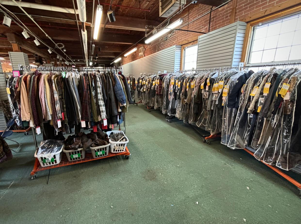 Wardrobe clothing is seen here on Tuesday, April 9, 2024, in a building of the former Reed & Barton complex in Taunton during filming sequences for the AMC television show "The Walking Dead: Dead City."