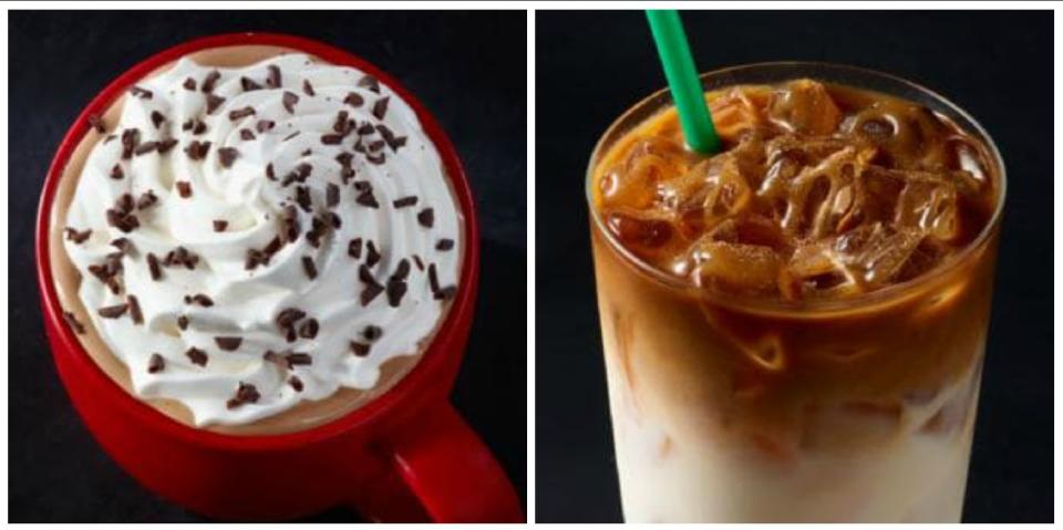 Left to right: The Peppermint Mocha and Iced Cinnamon Almondmilk Macchiato can be yours. (Photo: Starbucks)