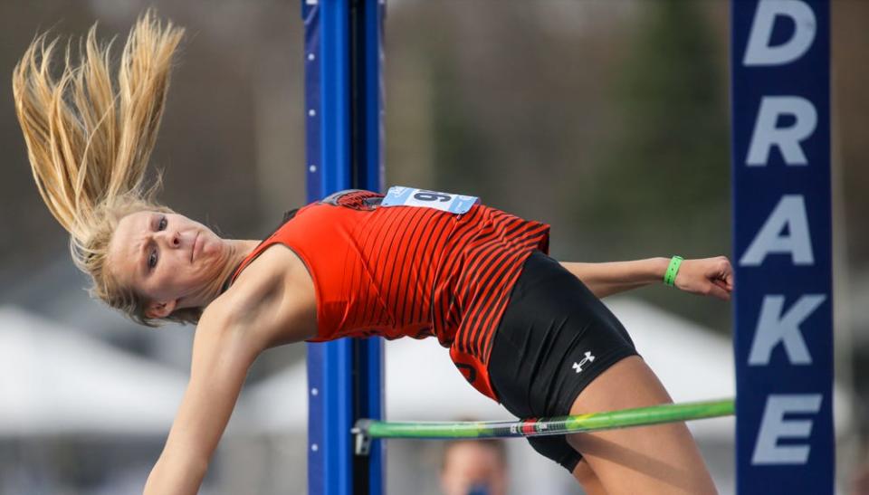 Sheldon's Maddie Olson competes in the high jump during the 112th annual Drake Relays on Thursday, April 28, 2022, at Drake Stadium in Des Moines.