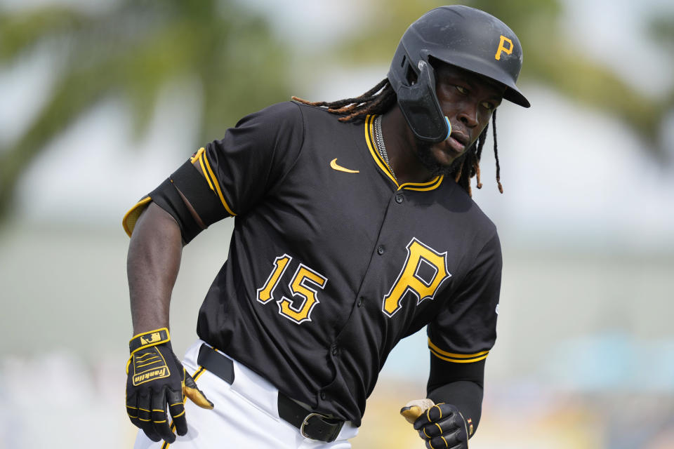 Pittsburgh Pirates shortstop Oneil Cruz runs the bases after hitting a home run in the fifth inning of a spring training baseball game against the Toronto Blue Jays Tuesday, March 5, 2024, in Bradenton, Fla. (AP Photo/Charlie Neibergall)