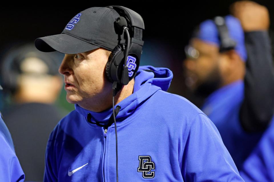 Deer Creek head coach Wade Standley during a high school football game against Choctaw at Deer Creek High School in Edmond, Okla., Friday, Oct. 6, 2023.